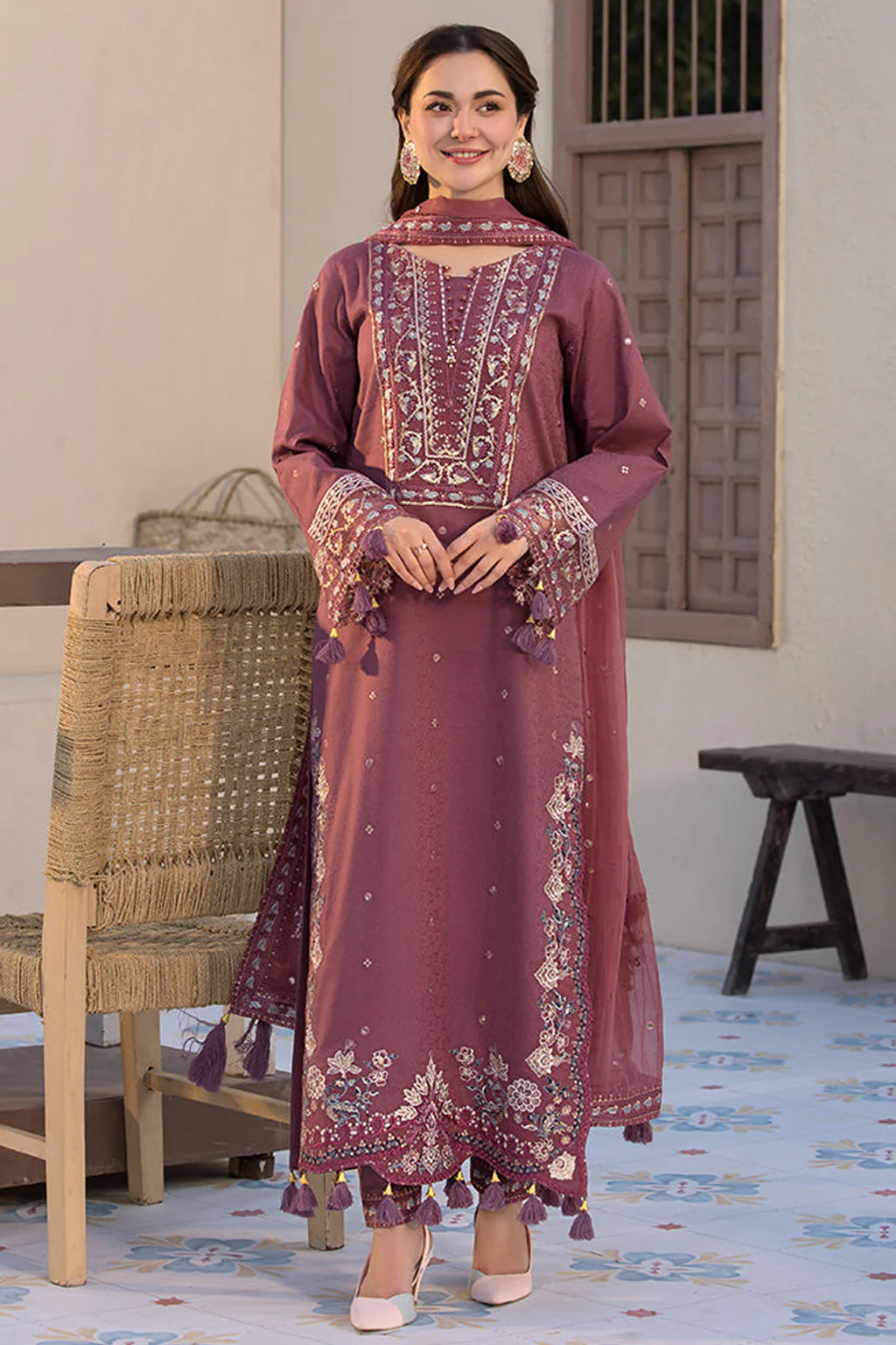JADE UNTITCHED 3-PC DHANAK SEQUENCE EMBROIDERED SHIRT WITH DHANAK EMBROIDERED SHAWL AND TROUSER KZ-2022