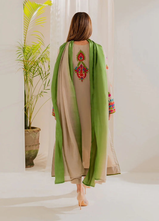 VINTAGE UNSTITCHED 3-PC LAWN EMBROIDERED SHIRT WITH TYE & DYE CHIFFON DUPATTA AND LAWN TROUSER KZ-2056