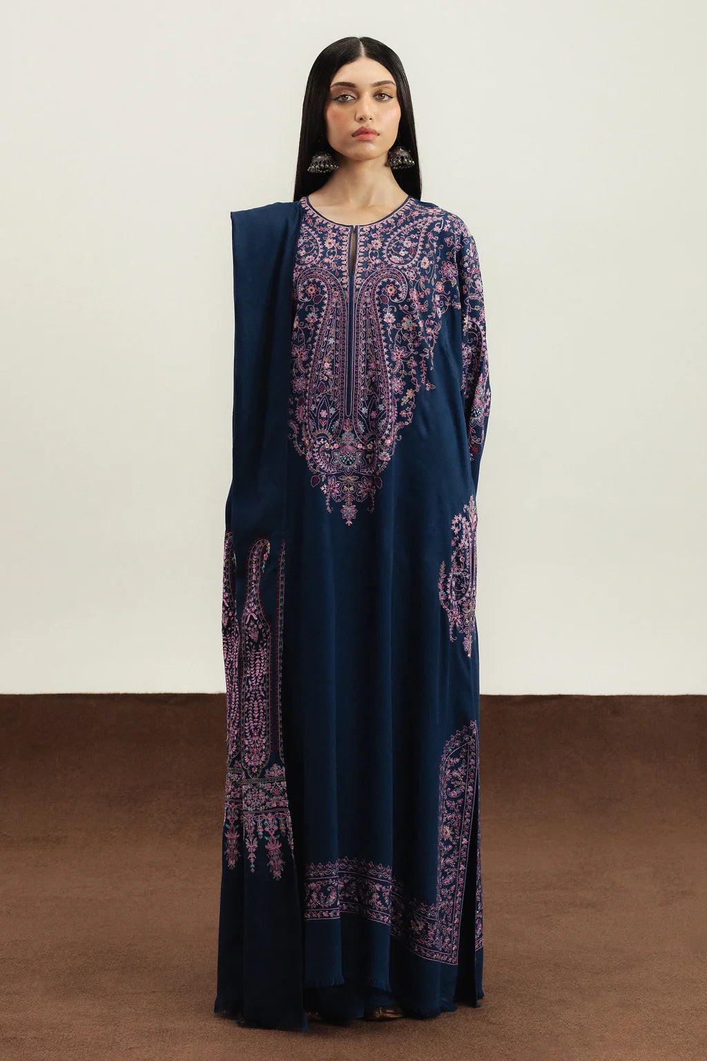 ZARA SHAHJAHAN UNSTITCHED 3-PC DHANAK EMBROIDERED SHIRT WITH DHANAK EMBROIDERED SHAWL AND TROUSER KZ-2063