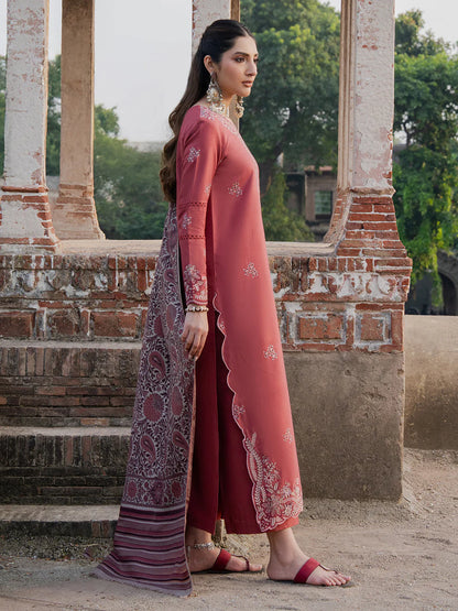 IZEL UNSTITCHED 3-PC DHANAK EMBROIDERED SHIRT WITH COUTRAI PRINTED SHAWL AND TROUSER KZ-2059