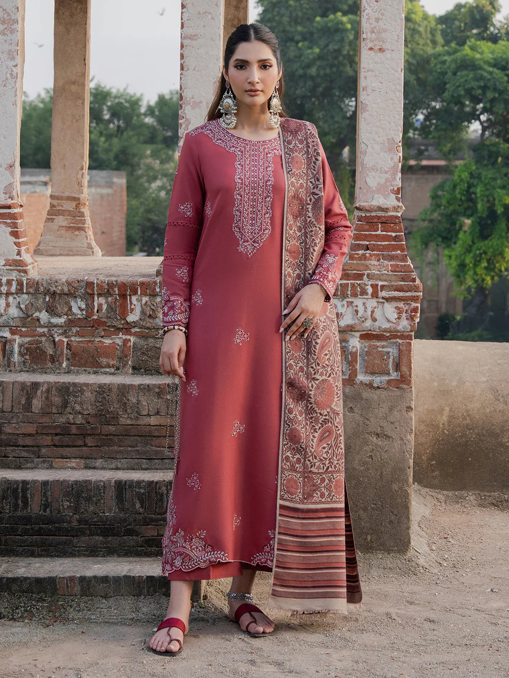 IZEL UNSTITCHED 3-PC DHANAK EMBROIDERED SHIRT WITH COUTRAI PRINTED SHAWL AND TROUSER KZ-2059