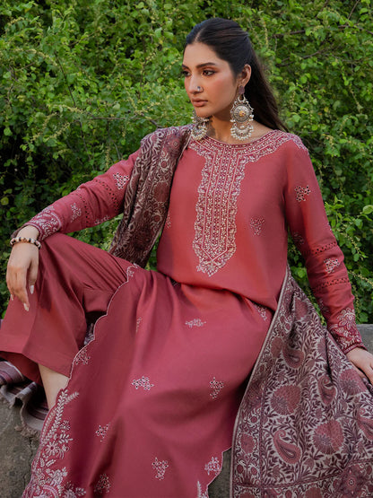 IZEL UNSTITCHED 3-PC DHANAK EMBROIDERED SHIRT WITH COUTRAI PRINTED SHAWL AND TROUSER KZ-2059