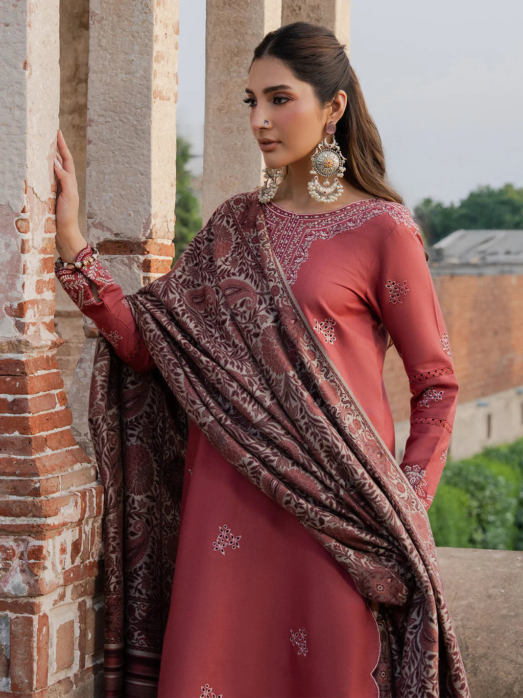 IZEL UNSTITCHED 3-PC DHANAK EMBROIDERED SHIRT WITH COUTRAI PRINTED SHAWL AND TROUSER KZ-2059