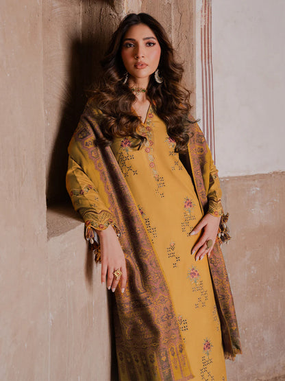 IZEL UNSTITCHED 3-PC KARANDI EMBOIDERED SHIRT WITH PASHMINA 3D WOOL SHAWL AND TROUSER KZ-2053