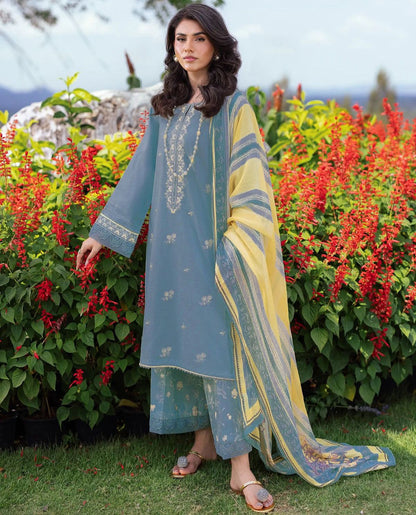 EDENROBE UNSTITCHED 3-PC DHANAK EMBROIDERED SHIRT WITH COUTRAI PRINTED SHAWL AND TROUSER KZ-2015