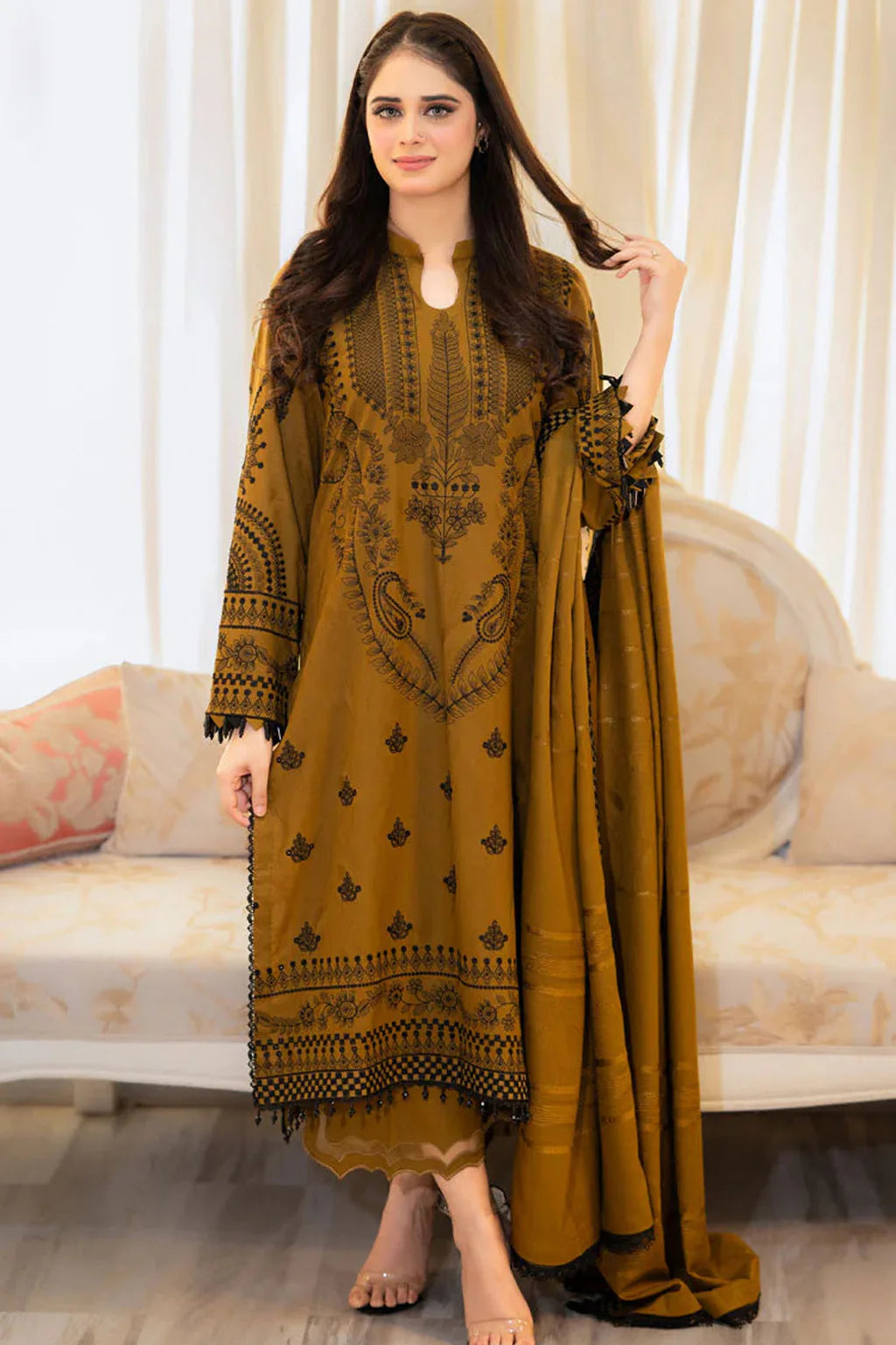 LIBAAS UNSTITCHED 3-PC DHANAK EMBOIDERED SHIRT WITH DHANAK EMBROIDERED SHAWL AND TROUSER KZ-2002