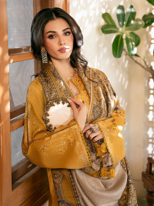 IZEL UNSTITCHED 3-PC DHANAK EMBROIDERED SHIRT WITH COUTRAI PRINTED SHAWL AND TROUSER KZ-2055