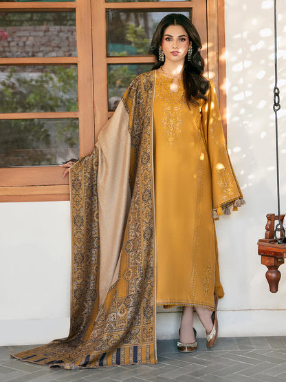 IZEL UNSTITCHED 3-PC DHANAK EMBROIDERED SHIRT WITH COUTRAI PRINTED SHAWL AND TROUSER KZ-2055