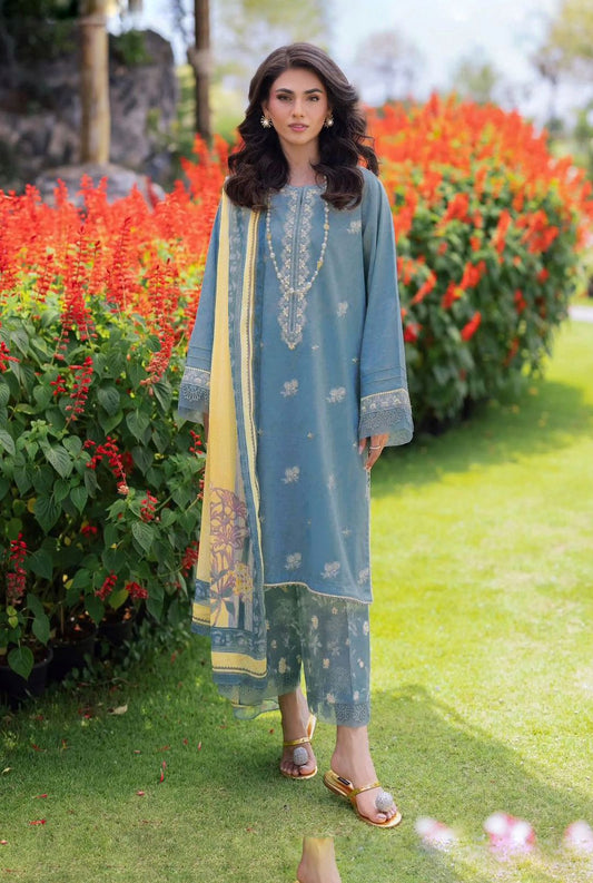 EDENROBE UNSTITCHED 3-PC DHANAK EMBROIDERED SHIRT WITH COUTRAI PRINTED SHAWL AND TROUSER KZ-2015